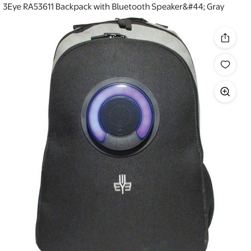 3Eye Gray Backpack with removable Bluetooth Speaker that lights change color